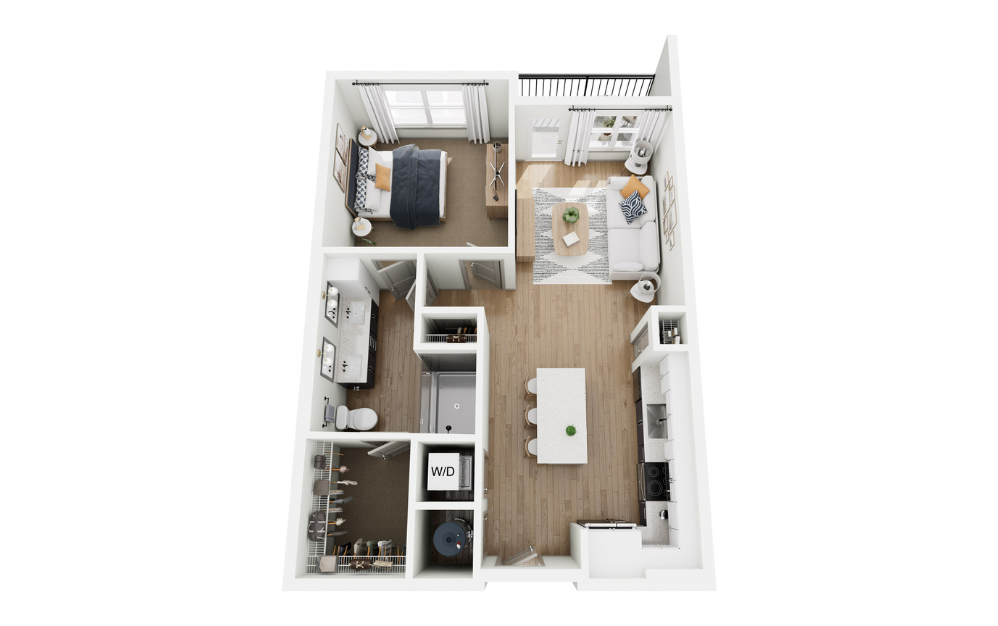 A1 - 1 bedroom floorplan layout with 1 bathroom and 775 square feet (3D)