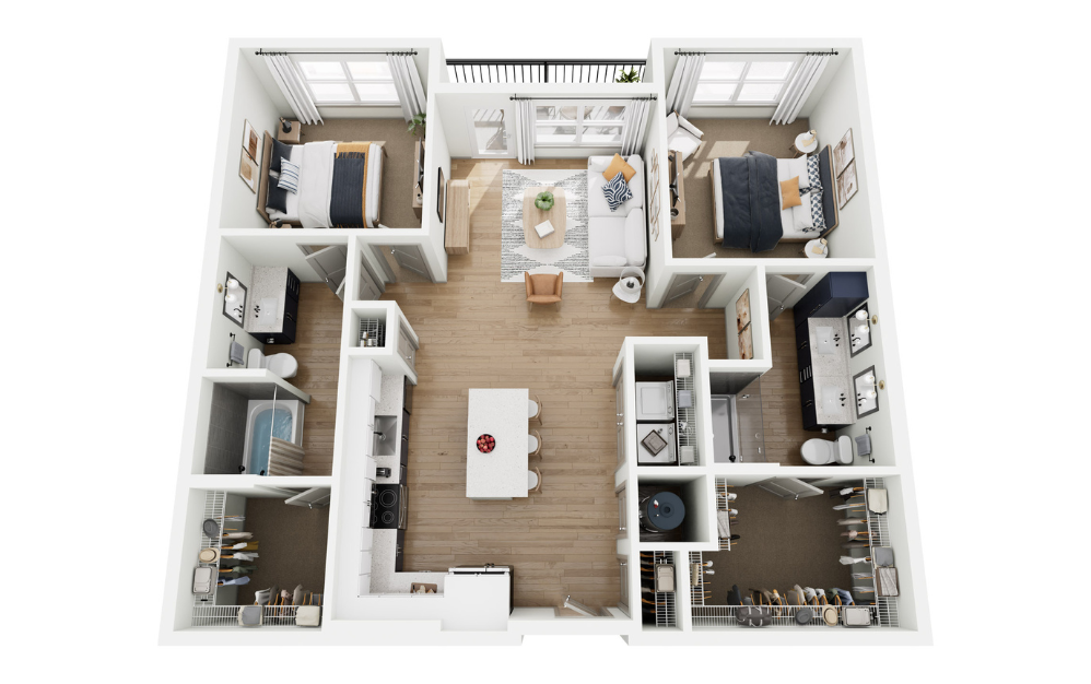 B1 - 2 bedroom floorplan layout with 2 bathrooms and 1181 square feet (3D)