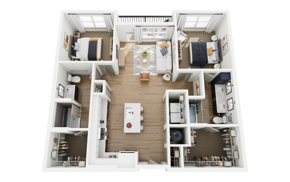 B1 HC - 2 bedroom floorplan layout with 2 bathrooms and 1181 square feet (3D)