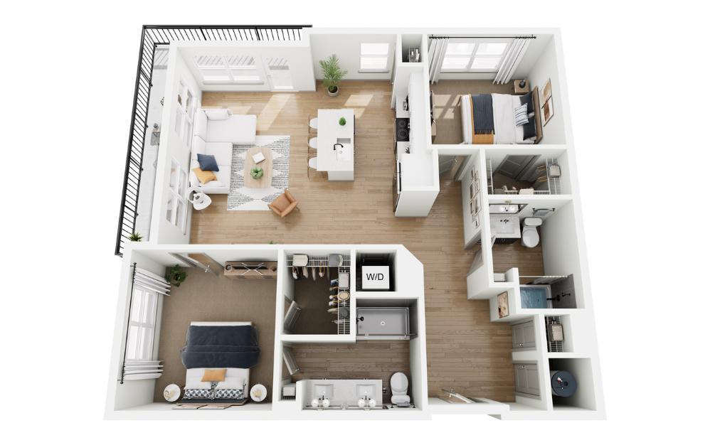 B2 - 2 bedroom floorplan layout with 2 bathrooms and 1175 square feet (3D)