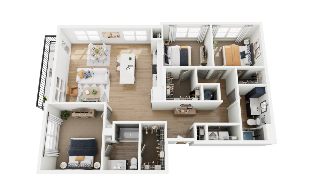 C1 - 3 bedroom floorplan layout with 2 bathrooms and 1441 square feet (3D)