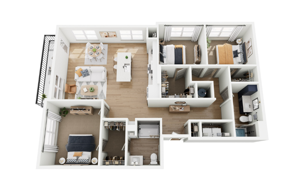 C1 HC - 3 bedroom floorplan layout with 2 bathrooms and 1441 square feet (3D)