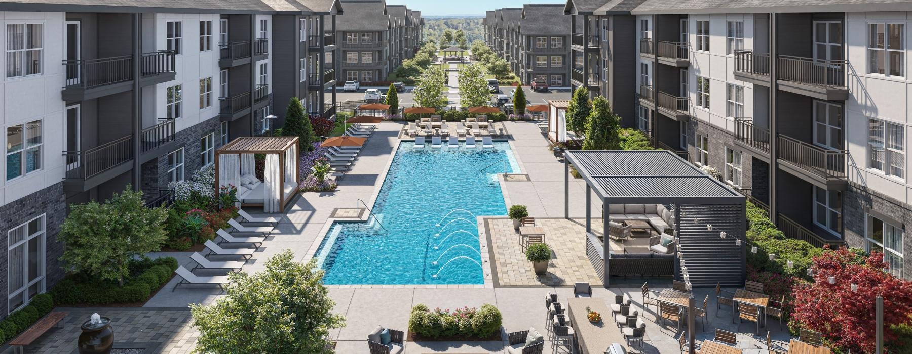 a pool surrounded by buildings