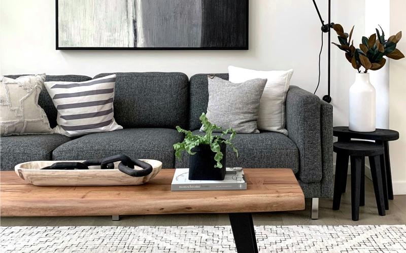 a couch with a coffee table with a plant and decor on it